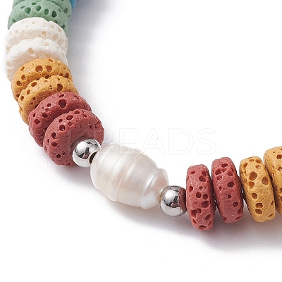 Dyed Natural Lava Rock & Pearl Beaded Strtch Bracelet BJEW-JB10053-02-1