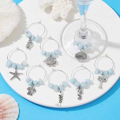8Pcs Sea Animal Alloy Pendants Wine Glass Charms Sets AJEW-JO00219-1