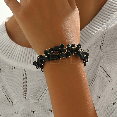 Golden Tone Iron Vintage Natural Dyed & Heated Black Agate Chips Beaded Bracelets for Women's Party Travel RR3518-2-1