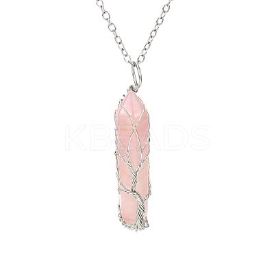 Natural Rose Quartz Double Terminal Pointed Faceted Bullet Copper Wire Wrapped Tree of Life Pendant Alloy Chain Necklaces FS-WG07FDC-02-1