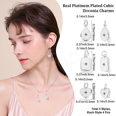 12Pcs 3 Styles Brass Micro Pave Clear Cubic Zirconia Pendants ZIRC-BBC0003-53-1