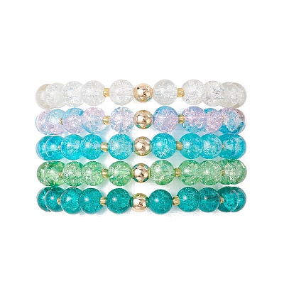 5Pcs 5 Color Spray Painted Crackle Glass Beads Stretch Bracelets for Men Women BJEW-MZ00202-1