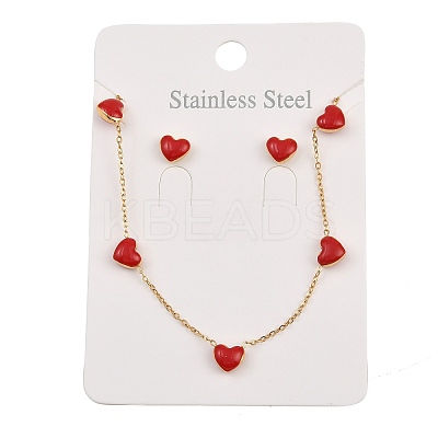 Heart 304 Stainless Steel Enamel Necklaces & Stud Earrings Sets for Women SJEW-K003-03G-1