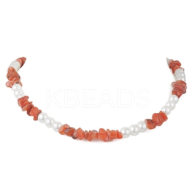 Natural South Red Agate Chip & Glass Pearl Round Beaded Necklaces for Women NJEW-JN05609-1