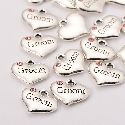 Wedding Theme Antique Silver Tone Tibetan Style Alloy Heart with Groom Rhinestone Charms TIBEP-N005-20B-1