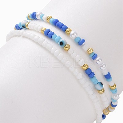 3Pcs 3 Style Glass Seed & ABS Plastic Pearl & Evil Eye Beaded Stretch Bracelets Set BJEW-JB09358-1