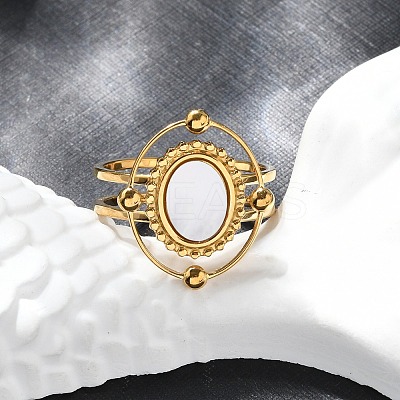 Oval 304 Stainless Steel White Shell Finger Rings for Women RJEW-G346-09G-02-1