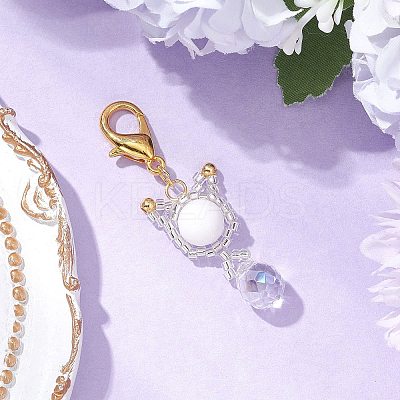 Natural Mashan Jade & Glass Seed Beaded Cat Pendant Decoration HJEW-MZ00157-01-1