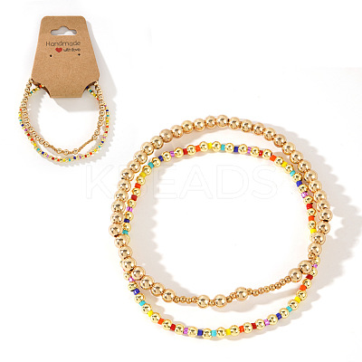 2Pcs Fashionable Brass & Seed Beads Beaded Stretch Bracelet Sets for Women ZD1327-5-1