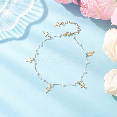 Round ABS Imitation Pearl Beads & 304 Stainless Steel Link Chain Tassel Anklets for Women AJEW-AN00738-02-1