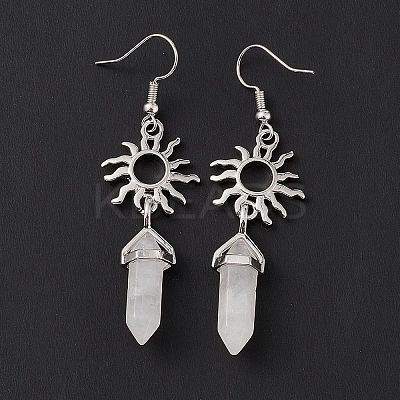 Natural Quartz Crystal Bullet with Sun Dangle Earrings EJEW-I276-01P-20-1