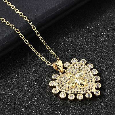 Brass Micro Pave Clear Cubic Zirconia Bee Heart Pendant Necklaces for Women NJEW-D311-01C-G-1