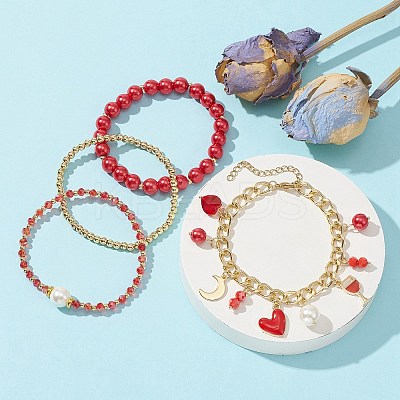 4Pcs 4 Style Glass & Shell Pearl Beaded Stretch Bracelets Set BJEW-TA00289-1