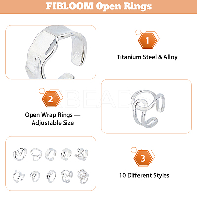 10Pcs 10 Style Alloy & Stainless Steel Open Cuff Ring RJEW-FI0001-13-1