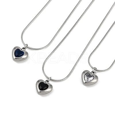PVD Vacuum Plating 304 Stainless Steel Cubic Zirconia Heart Pendant Round Snake Chain Necklaces for Women NJEW-Z044-08P-1
