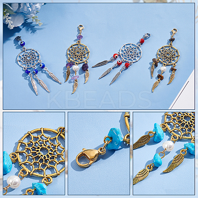 16Pcs 2 Style Woven Web/Net with Feather Alloy Pendant Decoration HJEW-NB0001-82-1