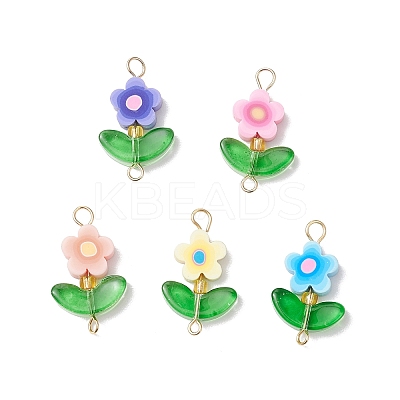 5Pcs 5 Colors Handmade Polymer Clay Flower Connector Charms with Glass Leaf PALLOY-MZ00803-01-1