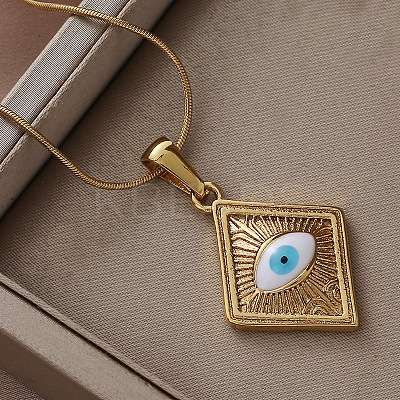 French Vintage 304 Stainless Steel Enamel Rhombus with White Evil Eye Pendant Necklaces HC0202-1