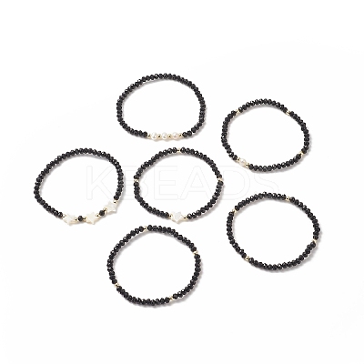 6Pcs 6 Style Natural Shell & Glass Star & Round Beaded Stretch Bracelets Set for Women BJEW-JB09945-02-1