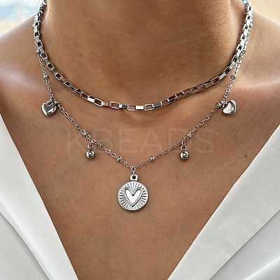 304 Stainless Steel Disc Heart Pendant Double Layer Necklaces for Women WG4F0FA-02-1