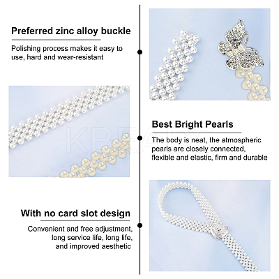 2Pcs 2 Style ABS Plastic Pearl Braided Stretch Chain Belts with Alloy Oval Clasp AJEW-CP0001-66-1