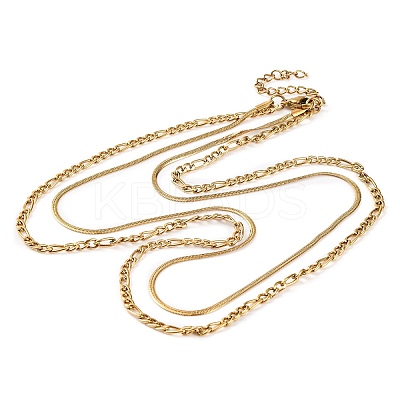 304 Stainless Steel Double Layer Figaro Chain & Herringbone Chain Necklaces for Women NJEW-G140-16C-G-1
