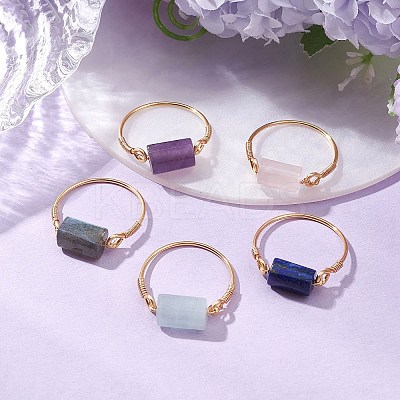 Column Natural Aquamarine & Rose Quartz & Lapis Lazuli & Labradorite & Amethyst Finger Rings RJEW-JR00817-1