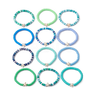 12Pcs 12 Color Polymer Clay Heishi Surfer Stretch Bracelets Set BJEW-JB10011-1