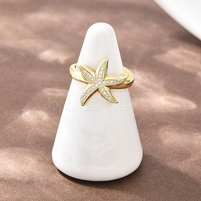 Starfish Brass Micro Pave Clear Cubic Zirconia Cuff Rings for Women RJEW-A088-08A-G-1