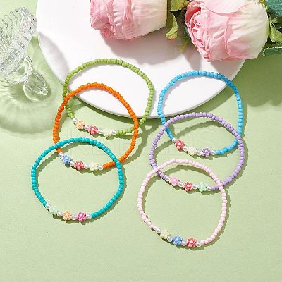 6Pcs 6 Colors Flower Acrylic Stretch Bracelets BJEW-JB10235-02-1
