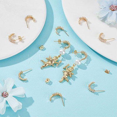 10Pcs Brass Clear Cubic Zirconia C-shape Stud Earring Findings KK-BBC0007-12-1