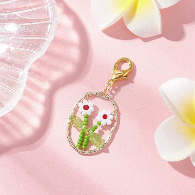 Oval with Flower Glass Seed Bead & Lampwork & Alloy Pendant Decoraitons HJEW-MZ00351-06-1