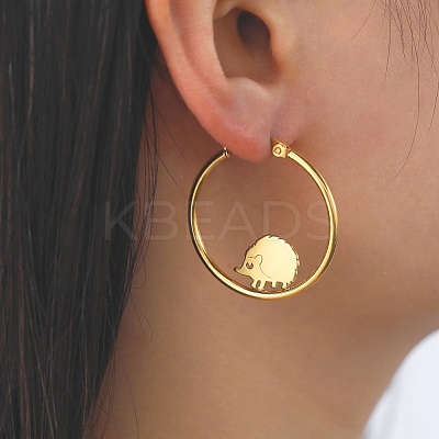 304 Stainless Steel Hedgehog Beaded Hoop Earrings EJEW-F320-02G-1