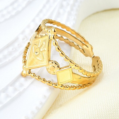 Rhombus with Evil Eye 304 Stainless Steel Cuff Finger Rings RJEW-V002-02G-1