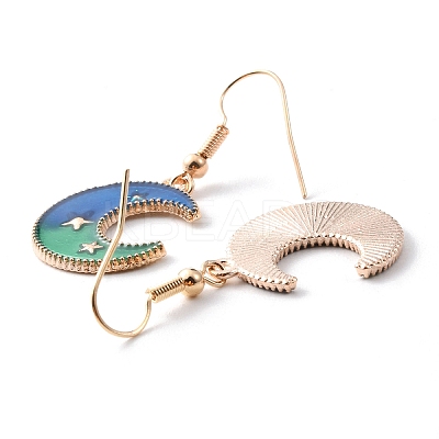 Blue Enamel Crescent Moon with Star Dangle Earrings EJEW-WH0017-07B-1