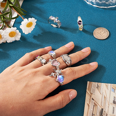 7Pcs 7 Style Rhinestone Heart & Star & Half Round Open Cuff Rings Set with Cat Eye Beaded RJEW-TA0001-03-1