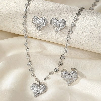 Heart 304 Stainless Steel Pendant Necklaces & Stud Earrings & Cuff Ring Sets for Women SJEW-F226-01P-1