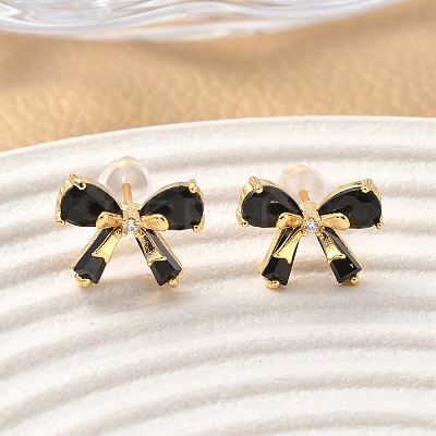 Brass Micro Pave Cubic Zirconia Bowknot Stud Earrings EJEW-D337-02G-1