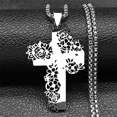 201 Stainless Steel Hollow Rose Cross Pendant Necklaces NJEW-H065-31P-1