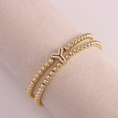 Brass Micro Pave Clear Cubic Zirconia Beads Double Strands Stretch Bracelets for Women FS-WGC7159-25-1
