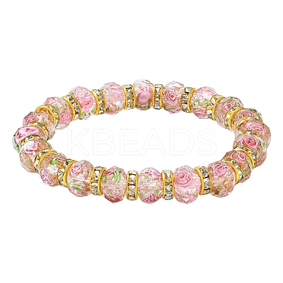 Faceted Rondelle Handmade Inner Flower Gold Sand Lampwork & Iron Beaded Stretch Bracelets for Women BJEW-SW001579-05-1