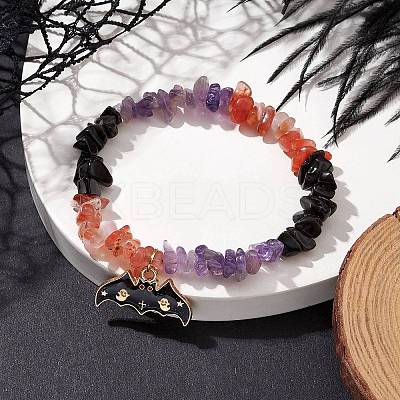 Natural South Red Agate & Amethyst & Obsidian Chips Beaded Stretch Bracelets BJEW-TA00493-1