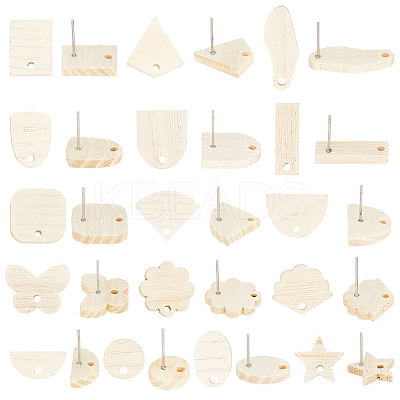 32Pcs 16 Style Oval & Rectangle & Fan & Butterfly Natural Ash Wood Stud Earring Findings EJEW-UN0002-29-1
