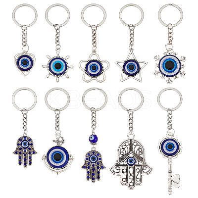 10Pcs 10 Styles Turkish Blue Evil Eye Resin Pendant Keychain KEYC-NB0001-66-1