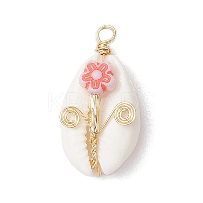 Natural Cowrie Shell Copper Wire Wrapped Pendants PALLOY-JF03834-1