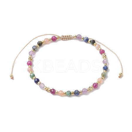 3mm Round Faceted Natural Amethyst & Lapis Lazuli & African Turquoise(Jasper) & Sunstone & Ruby/Red Corundum Braided Bead Bracelets BJEW-JB10596-1