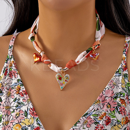Printed Cloth Scarf Necklaces with Zinc Alloy & Resin Heart Pendants FS-WG7AF07-02-1
