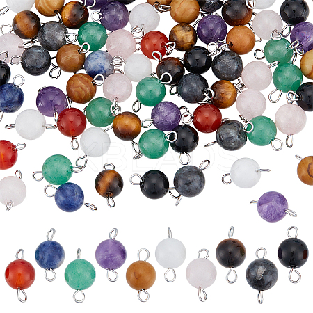 80Pcs 10 Styles Natural & Synthetic Mixed Gemstone Round Connector Charms PALLOY-UN00031-1