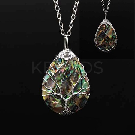 Double Sided Natural Paua Shell Copper Wire Wrapped Tree of Life Teardrop Pendant Necklaces FS-WG9357B-03-1