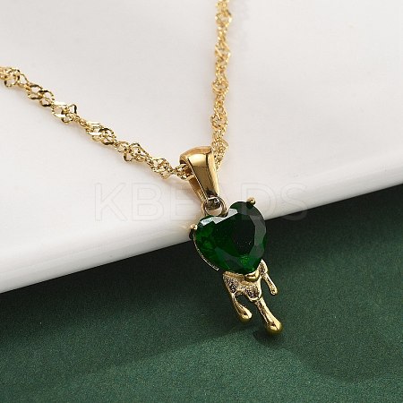 304 Stainless Steel Green Cubic Zirconia Pendant Necklaces for Women NJEW-C078-01C-G-1